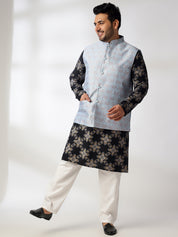 Men's Cotton Linen Printed Black Kurta With White Pyjama & Blue Nehru Jacket