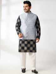 Men's Cotton Linen Printed Black Kurta With White Pyjama & Blue Nehru Jacket