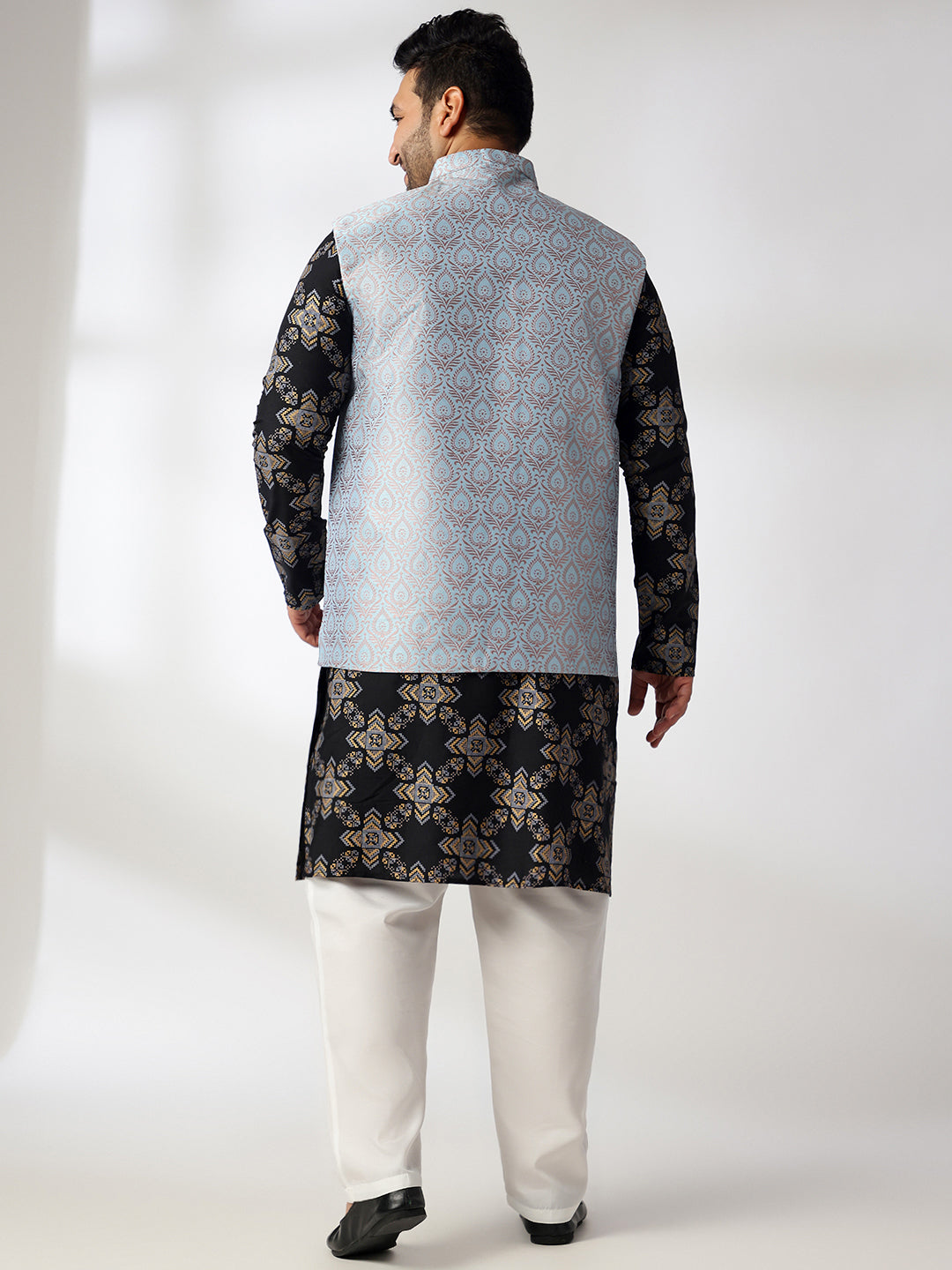 Men's Cotton Linen Printed Black Kurta With White Pyjama & Blue Nehru Jacket