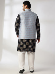 Men's Cotton Linen Printed Black Kurta With White Pyjama & Blue Nehru Jacket