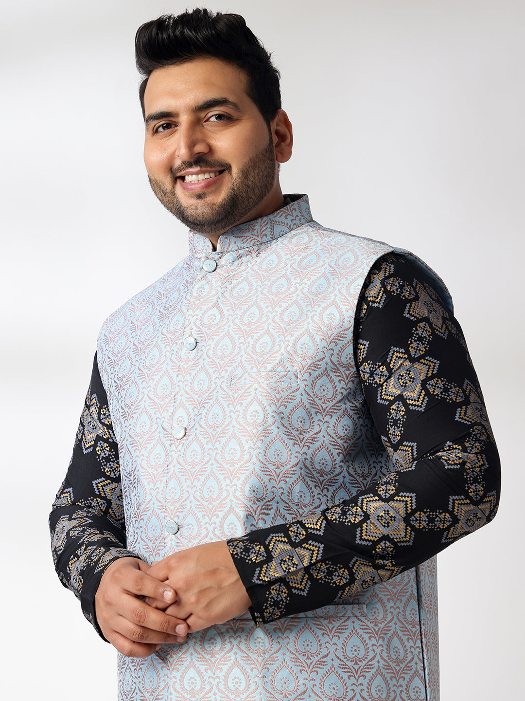 Men's Cotton Linen Printed Black Kurta With White Pyjama & Blue Nehru Jacket
