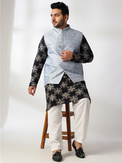 Men's Cotton Linen Printed Black Kurta With White Pyjama & Blue Nehru Jacket