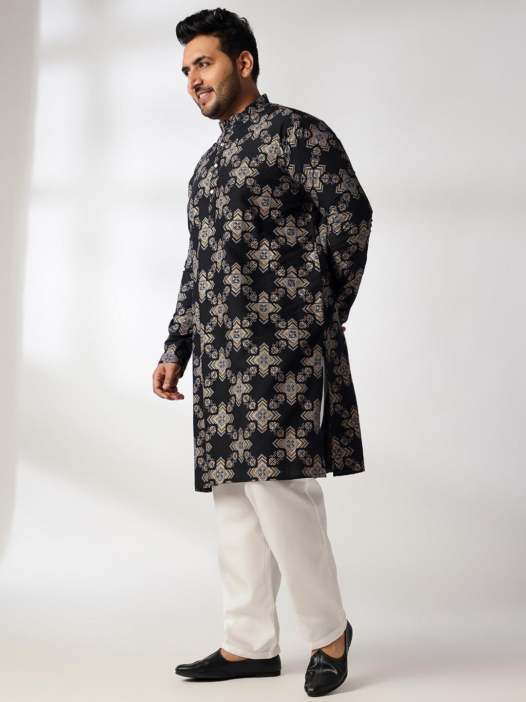 Men's Cotton Linen Printed Black Kurta With White Pyjama & Blue Nehru Jacket