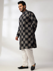 Men's Cotton Linen Printed Black Kurta With White Pyjama & Blue Nehru Jacket
