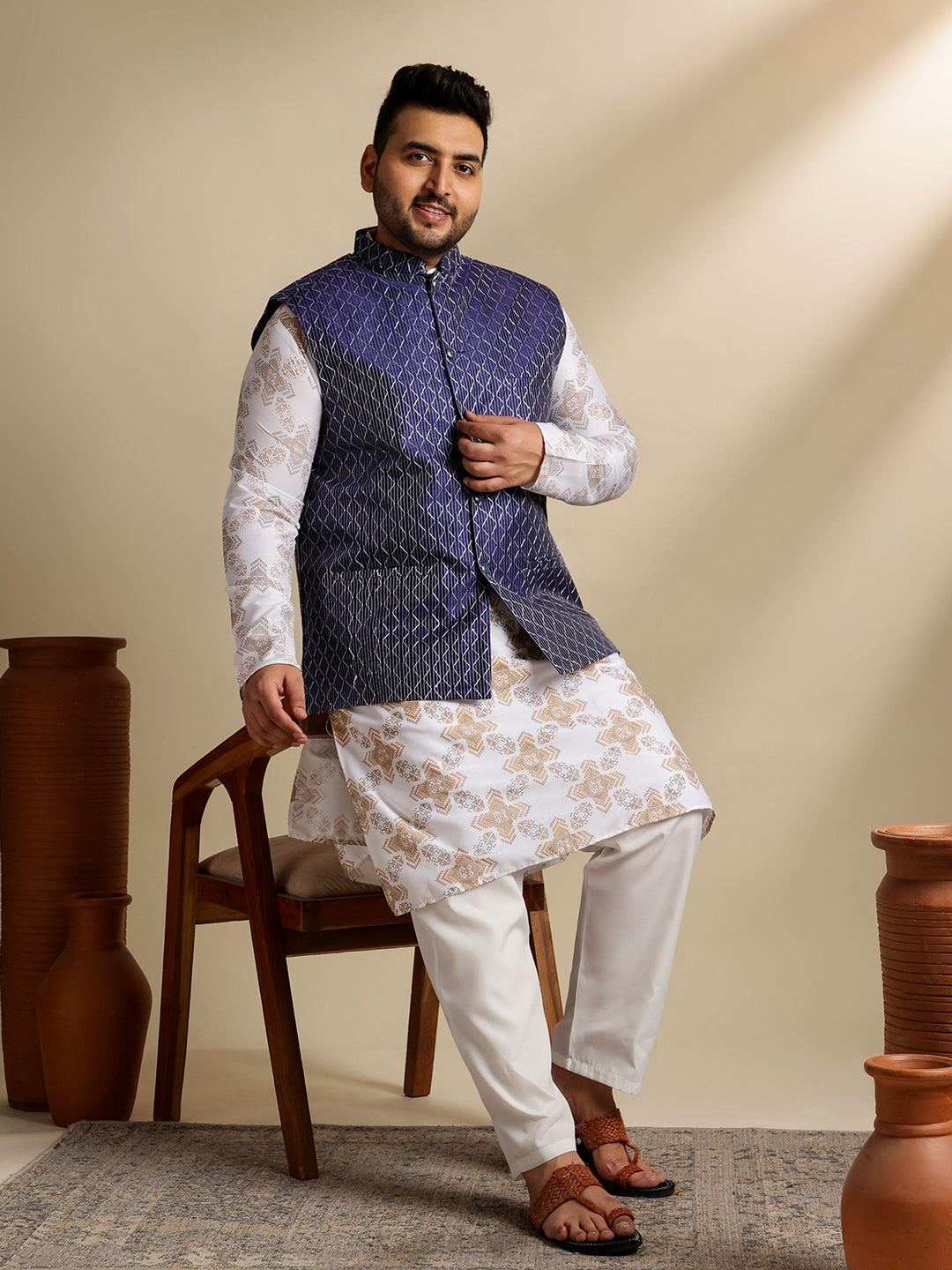 Sojanya PLUS (Since 1958) Men's Cotton Linen Printed White Kurta & Pyjama With Navy Nehru Jacket