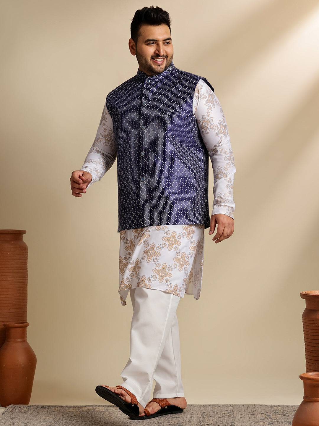 Sojanya PLUS (Since 1958) Men's Cotton Linen Printed White Kurta & Pyjama With Navy Nehru Jacket