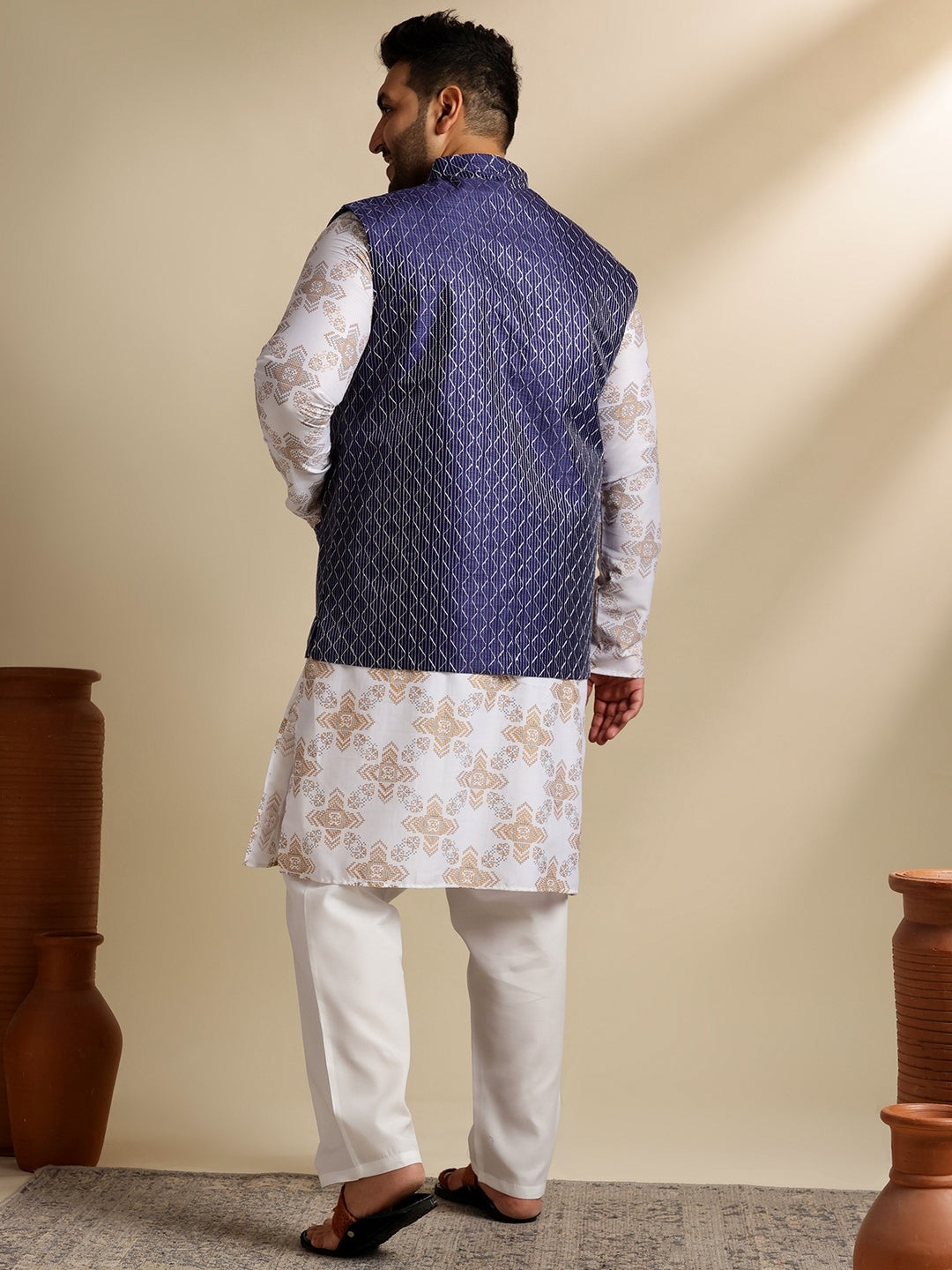 Sojanya PLUS (Since 1958) Men's Cotton Linen Printed White Kurta & Pyjama With Navy Nehru Jacket