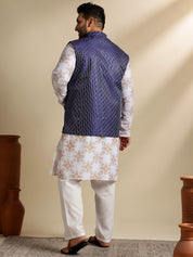 Sojanya PLUS (Since 1958) Men's Cotton Linen Printed White Kurta & Pyjama With Navy Nehru Jacket