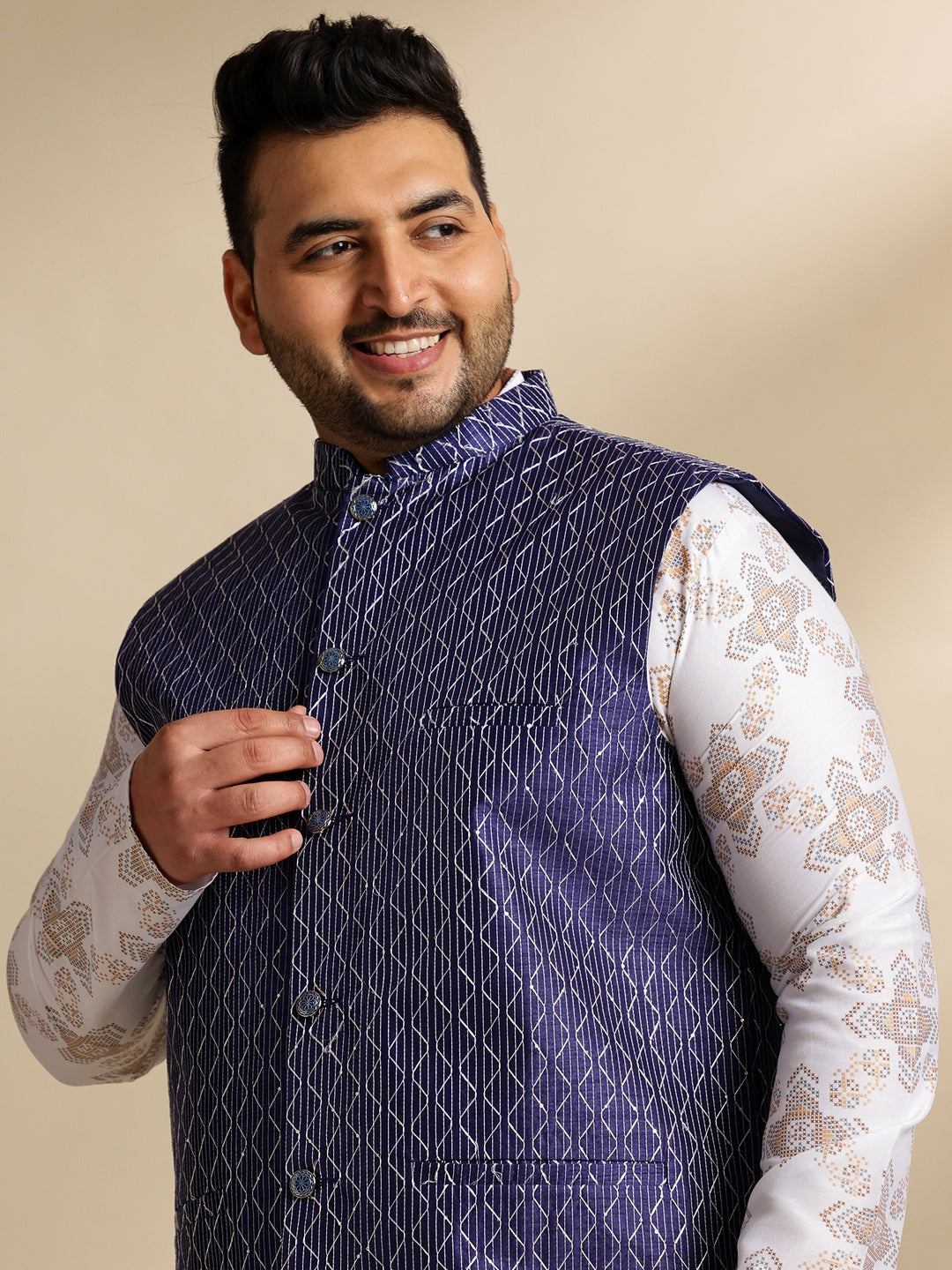 Sojanya PLUS (Since 1958) Men's Cotton Linen Printed White Kurta & Pyjama With Navy Nehru Jacket