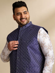 Sojanya PLUS (Since 1958) Men's Cotton Linen Printed White Kurta & Pyjama With Navy Nehru Jacket
