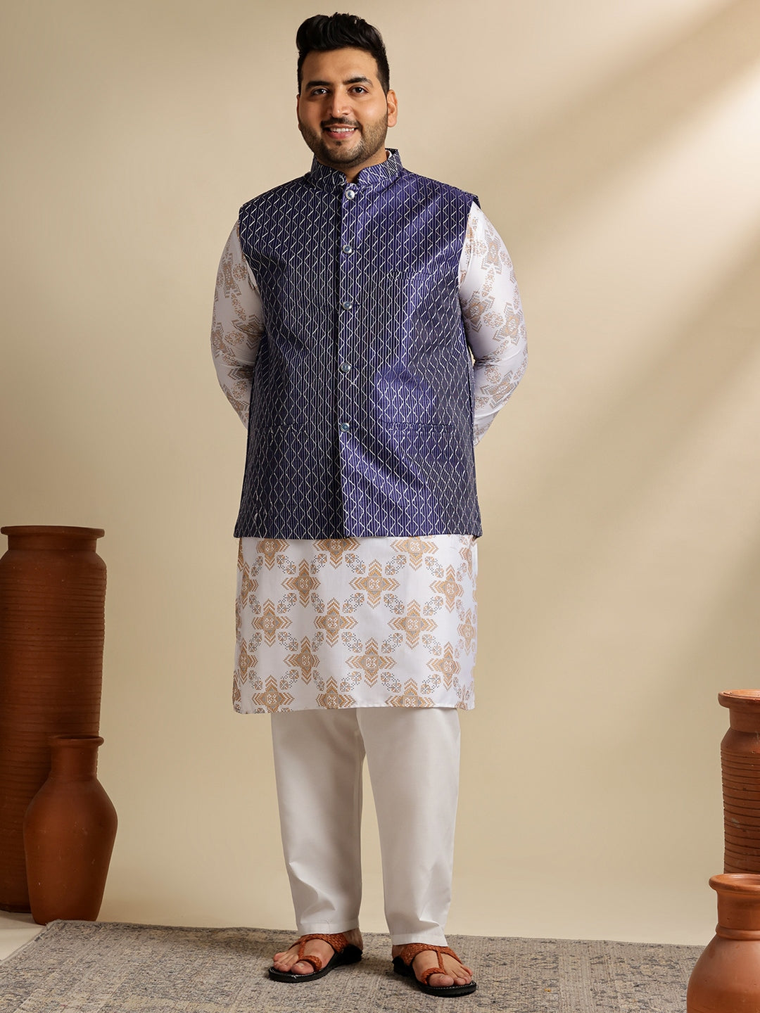 Sojanya PLUS (Since 1958) Men's Cotton Linen Printed White Kurta & Pyjama With Navy Nehru Jacket