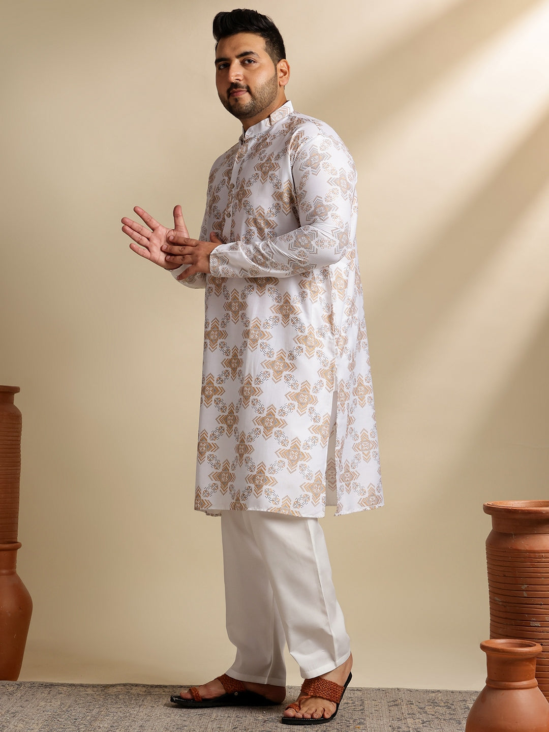 Sojanya PLUS (Since 1958) Men's Cotton Linen Printed White Kurta & Pyjama With Navy Nehru Jacket