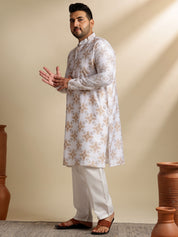 Sojanya PLUS (Since 1958) Men's Cotton Linen Printed White Kurta & Pyjama With Navy Nehru Jacket