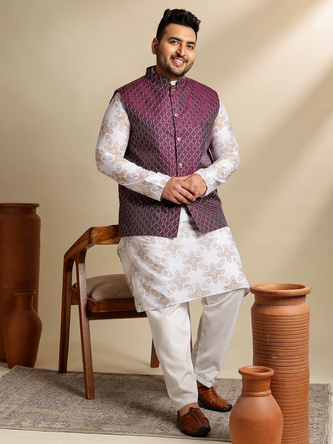 Sojanya PLUS (Since 1958) Men's Cotton Linen Printed White Kurta & Pyjama With Wine Nehru Jacket