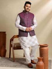 Sojanya PLUS (Since 1958) Men's Cotton Linen Printed White Kurta & Pyjama With Wine Nehru Jacket