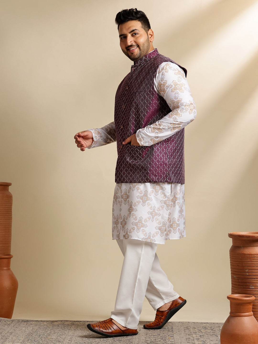 Sojanya PLUS (Since 1958) Men's Cotton Linen Printed White Kurta & Pyjama With Wine Nehru Jacket