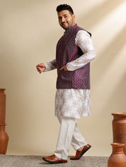 Sojanya PLUS (Since 1958) Men's Cotton Linen Printed White Kurta & Pyjama With Wine Nehru Jacket