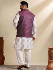 Sojanya PLUS (Since 1958) Men's Cotton Linen Printed White Kurta & Pyjama With Wine Nehru Jacket