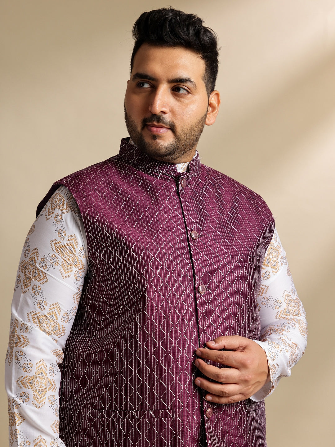 Sojanya PLUS (Since 1958) Men's Cotton Linen Printed White Kurta & Pyjama With Wine Nehru Jacket