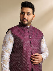 Sojanya PLUS (Since 1958) Men's Cotton Linen Printed White Kurta & Pyjama With Wine Nehru Jacket