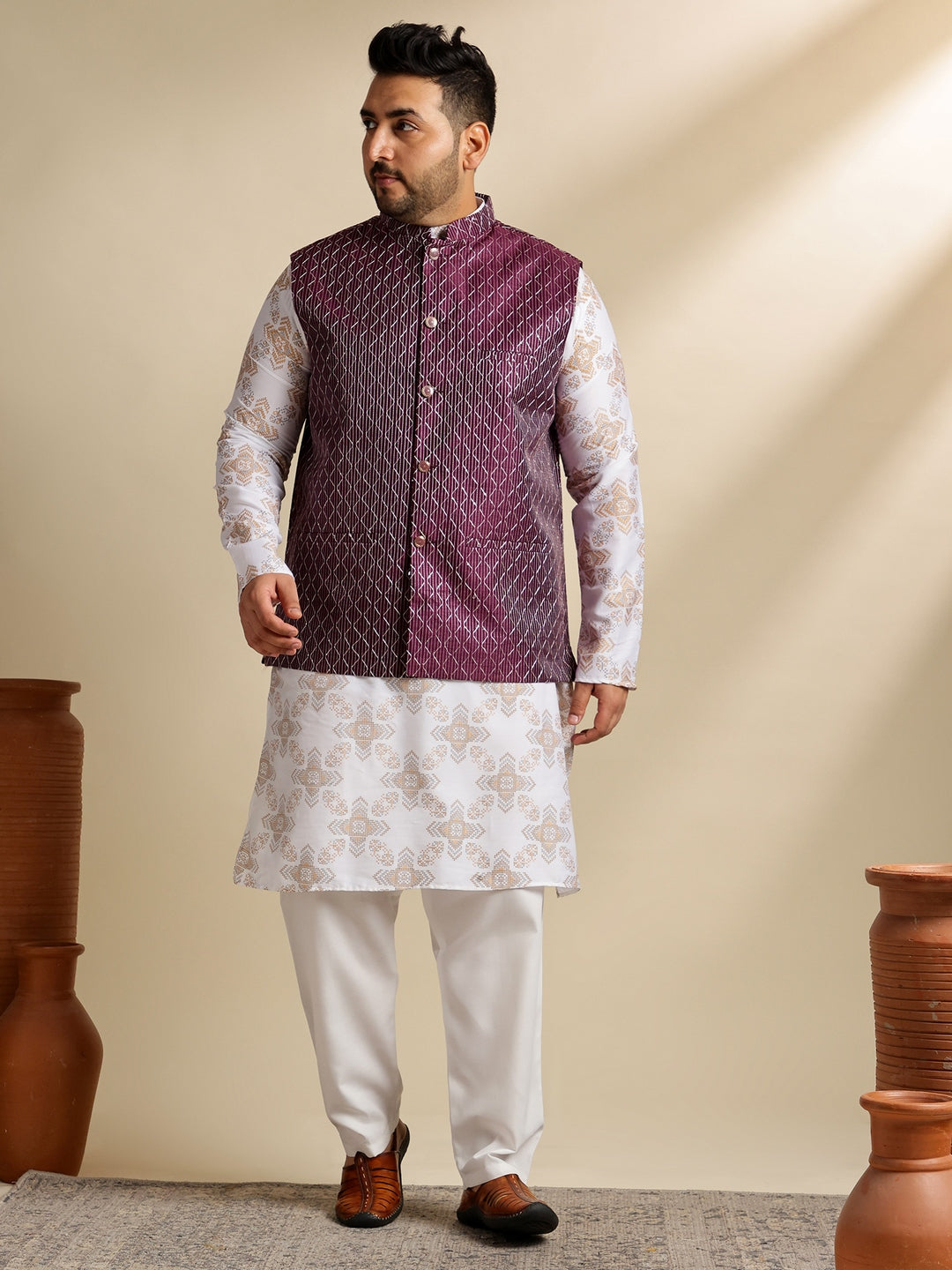 Sojanya PLUS (Since 1958) Men's Cotton Linen Printed White Kurta & Pyjama With Wine Nehru Jacket