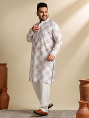 Sojanya PLUS (Since 1958) Men's Cotton Linen Printed White Kurta & Pyjama With Wine Nehru Jacket