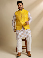 Sojanya PLUS (Since 1958) Men's Cotton Linen Printed White Kurta & Pyjama With Yellow Nehru Jacket