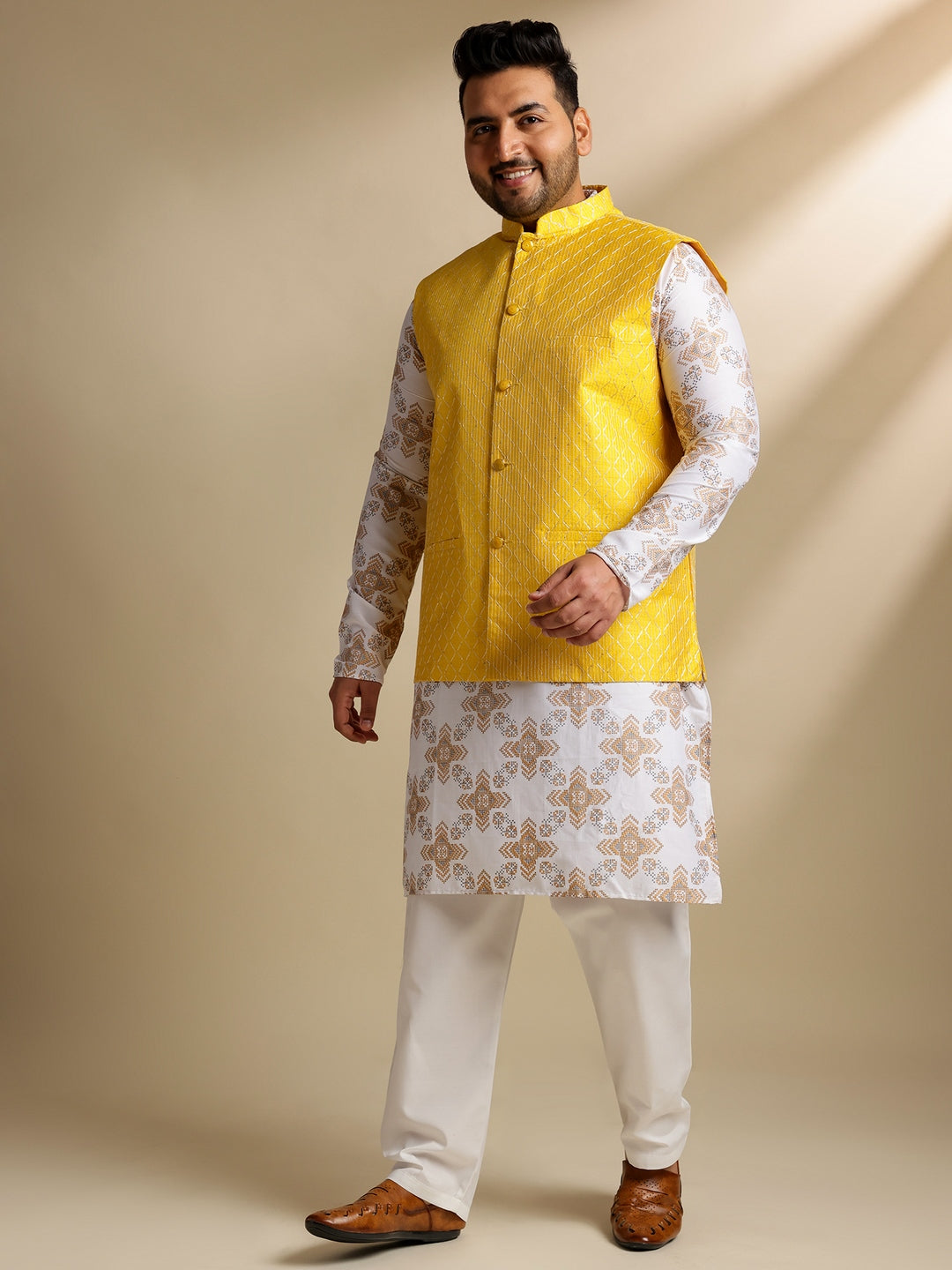 Sojanya PLUS (Since 1958) Men's Cotton Linen Printed White Kurta & Pyjama With Yellow Nehru Jacket