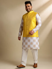 Sojanya PLUS (Since 1958) Men's Cotton Linen Printed White Kurta & Pyjama With Yellow Nehru Jacket