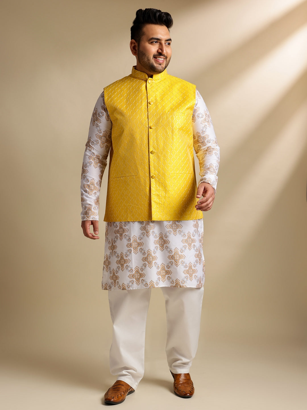 Sojanya PLUS (Since 1958) Men's Cotton Linen Printed White Kurta & Pyjama With Yellow Nehru Jacket