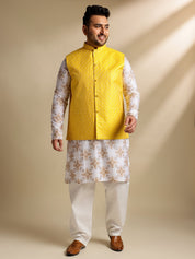 Sojanya PLUS (Since 1958) Men's Cotton Linen Printed White Kurta & Pyjama With Yellow Nehru Jacket