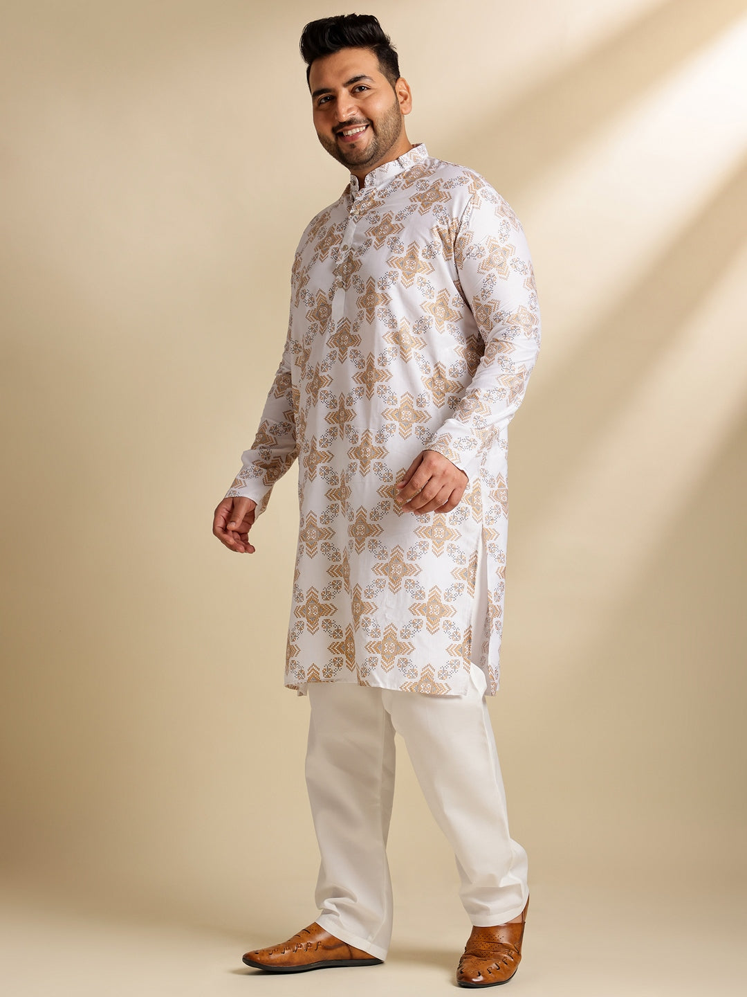 Sojanya PLUS (Since 1958) Men's Cotton Linen Printed White Kurta & Pyjama With Yellow Nehru Jacket