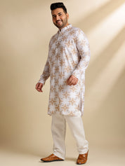 Sojanya PLUS (Since 1958) Men's Cotton Linen Printed White Kurta & Pyjama With Yellow Nehru Jacket