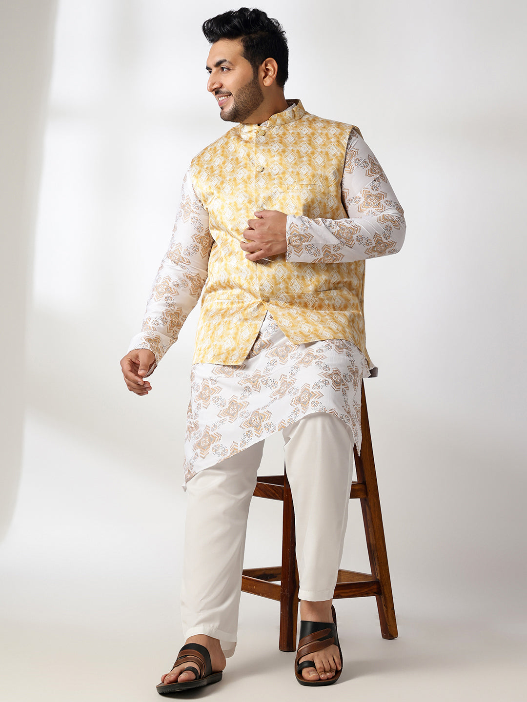 Men's Cotton Linen Printed White Kurta & Pyjama With Cotton Satin Yellow Nehru Jacket