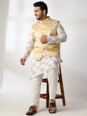 Men's Cotton Linen Printed White Kurta & Pyjama With Cotton Satin Yellow Nehru Jacket