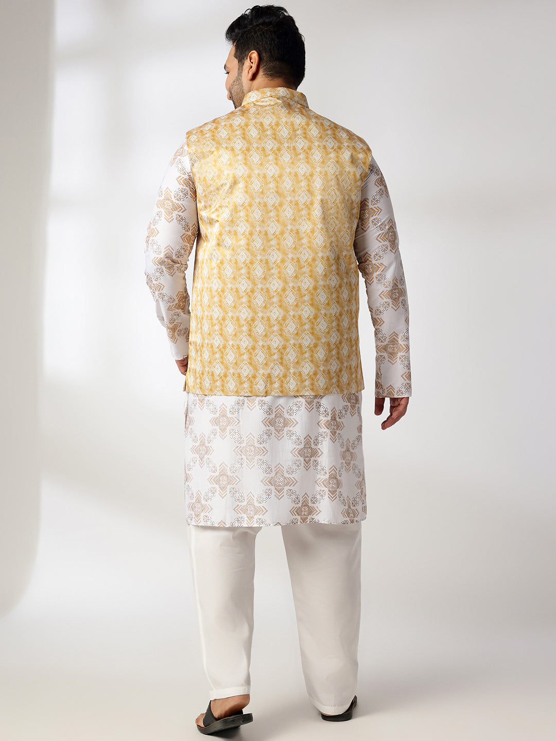 Men's Cotton Linen Printed White Kurta & Pyjama With Cotton Satin Yellow Nehru Jacket