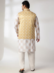 Men's Cotton Linen Printed White Kurta & Pyjama With Cotton Satin Yellow Nehru Jacket