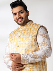 Men's Cotton Linen Printed White Kurta & Pyjama With Cotton Satin Yellow Nehru Jacket