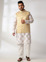 Men's Cotton Linen Printed White Kurta & Pyjama With Cotton Satin Yellow Nehru Jacket