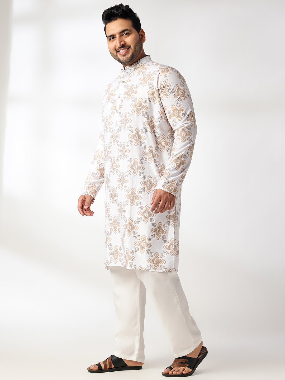 Men's Cotton Linen Printed White Kurta & Pyjama With Cotton Satin Yellow Nehru Jacket