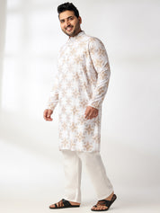 Men's Cotton Linen Printed White Kurta & Pyjama With Cotton Satin Yellow Nehru Jacket