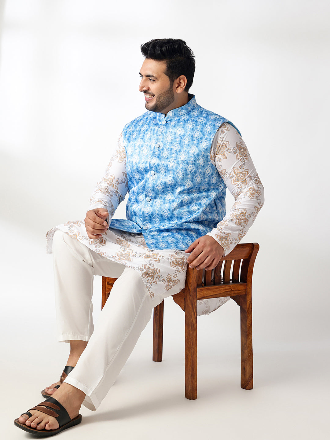 Men's Cotton Linen Printed White Kurta & Pyjama With Cotton Satin Blue Nehru Jacket