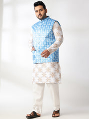 Men's Cotton Linen Printed White Kurta & Pyjama With Cotton Satin Blue Nehru Jacket