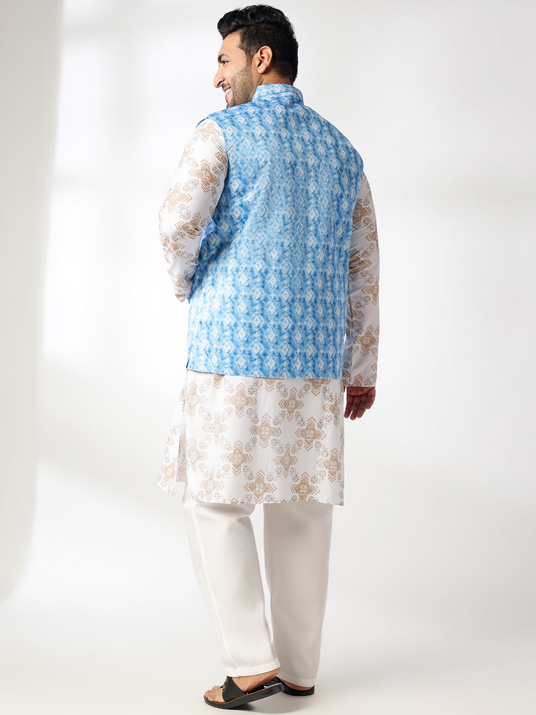Men's Cotton Linen Printed White Kurta & Pyjama With Cotton Satin Blue Nehru Jacket