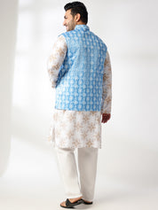 Men's Cotton Linen Printed White Kurta & Pyjama With Cotton Satin Blue Nehru Jacket