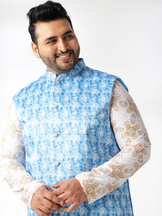 Men's Cotton Linen Printed White Kurta & Pyjama With Cotton Satin Blue Nehru Jacket
