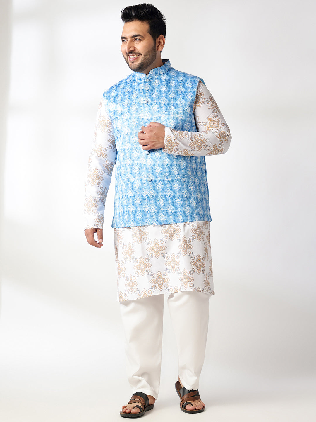Men's Cotton Linen Printed White Kurta & Pyjama With Cotton Satin Blue Nehru Jacket