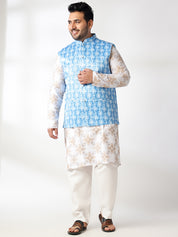 Men's Cotton Linen Printed White Kurta & Pyjama With Cotton Satin Blue Nehru Jacket