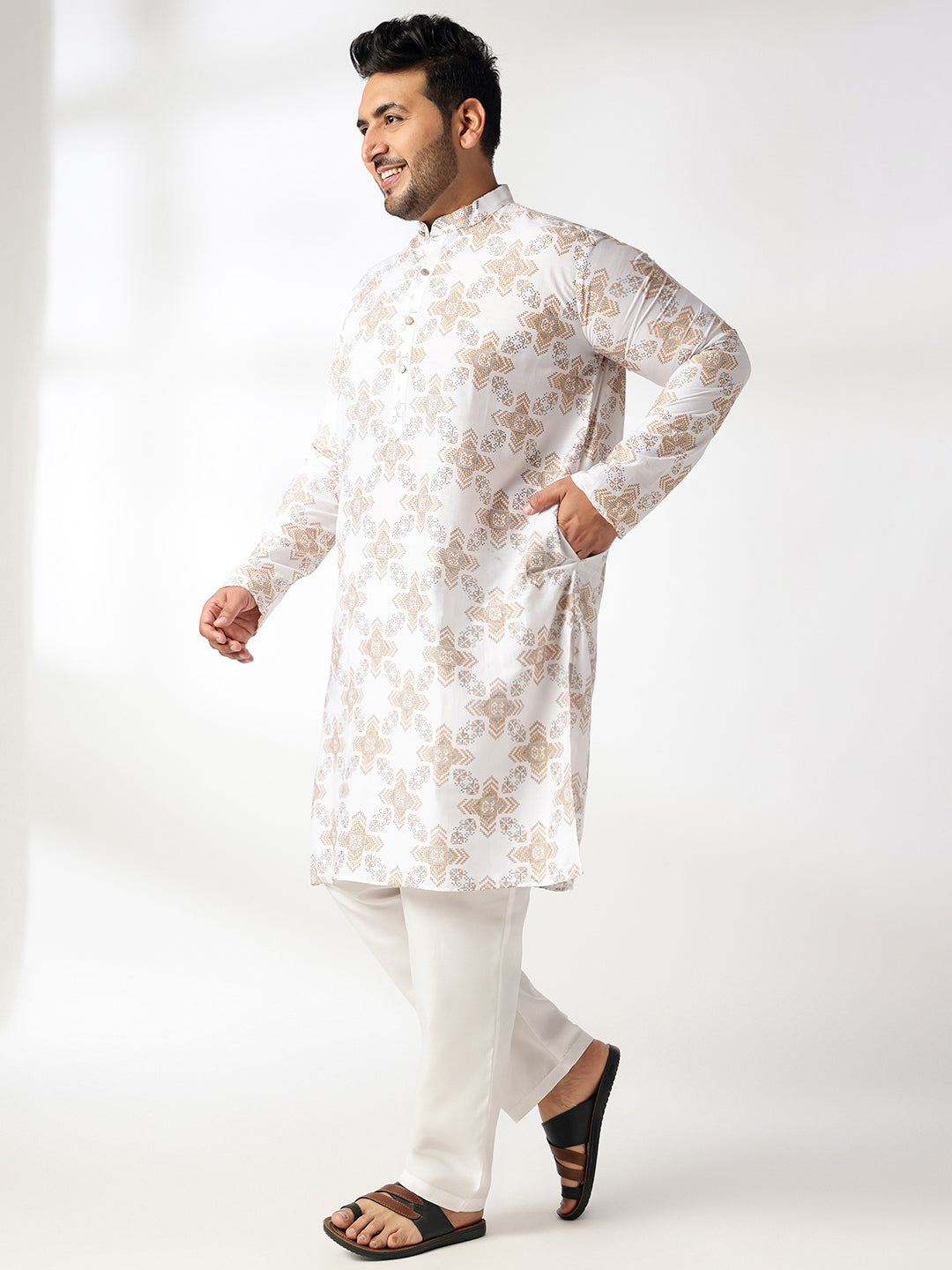 Men's Cotton Linen Printed White Kurta & Pyjama With Cotton Satin Blue Nehru Jacket