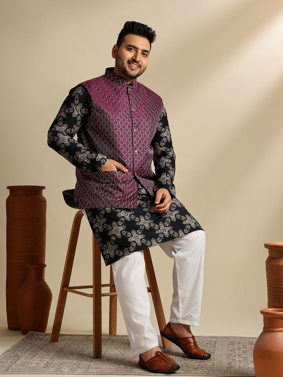 Sojanya PLUS (Since 1958) Men's Cotton Linen Printed Black Kurta & Pyjama With Wine Nehru Jacket